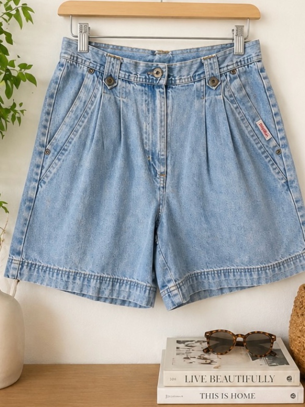 bill blass Light Blue Pleated High-Waist Denim Shorts